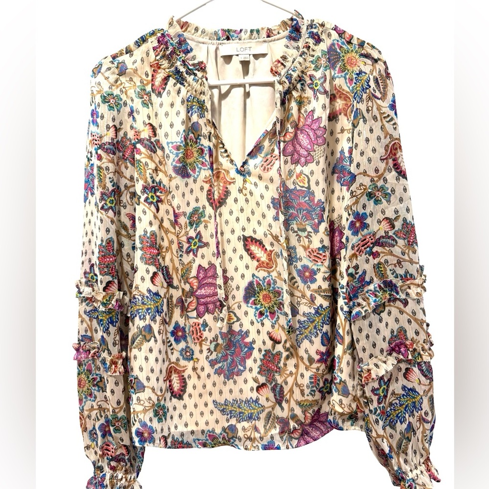 LOFT Women's Floral Blouse - Cream and Pink
